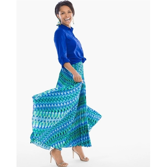 Chico's Dresses & Skirts - Chicos Sz 1 Petite Blue and Green Patterned Pleated Maxi Skirt Medium WSK72